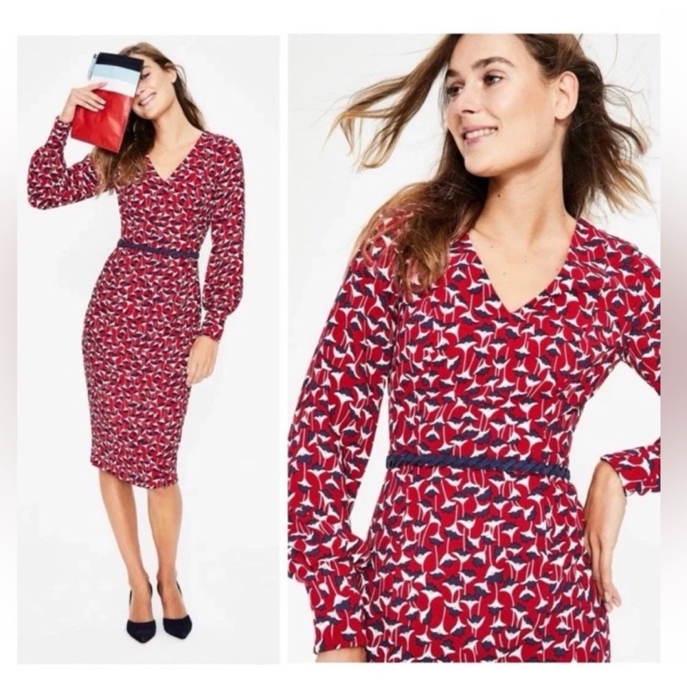 BODEN Hannah Red Floral Midi Dress V-neck Poinsettia Crocus Size 2 Petite